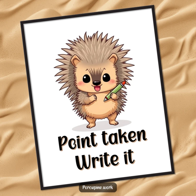 Funny porcupine poster, a cute animal doing a happy shimmy while holding a pen, perfect for home decor.
