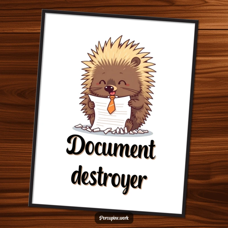 Funny porcupine wearing a tiny tie is shown playfully shredding a document, a humorous depiction of office stress.