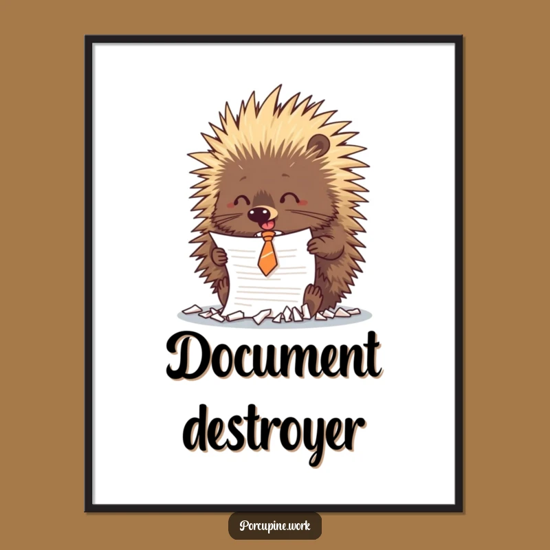 Funny Porcupine Shredding Poster: Tie-Wearing Office Rebel, Hilarious Wall Art!