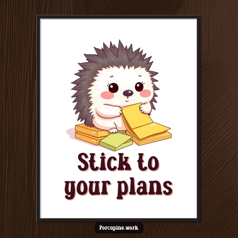 Funny poster depicting a happy porcupine diligently sorting colorful sticky notes.