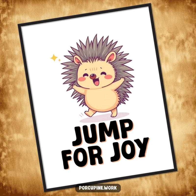 Funny poster showing a porcupine doing a small hop to celebrate a victory, bringing pure, unadulterated joy to decor.
