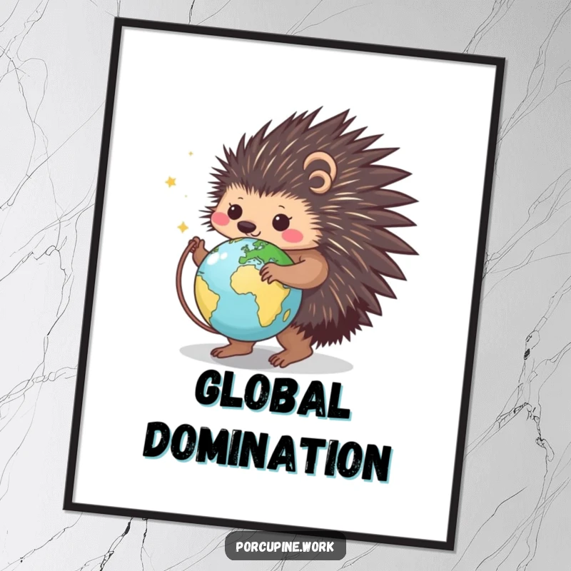 Funny poster print of a smiling porcupine spinning a small globe, creating a whimsical and humorous travel-themed artwork.