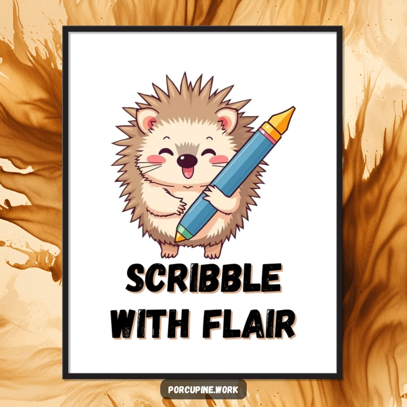 Funny poster of a joyous porcupine clutching a massive writing pen, adding a touch of whimsy to walls.