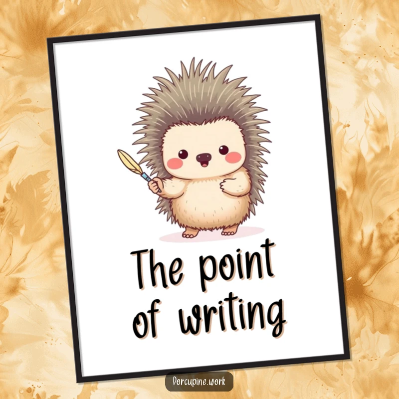 Funny porcupine holding a quill like a writing pen, on this humorous and inspiring poster.