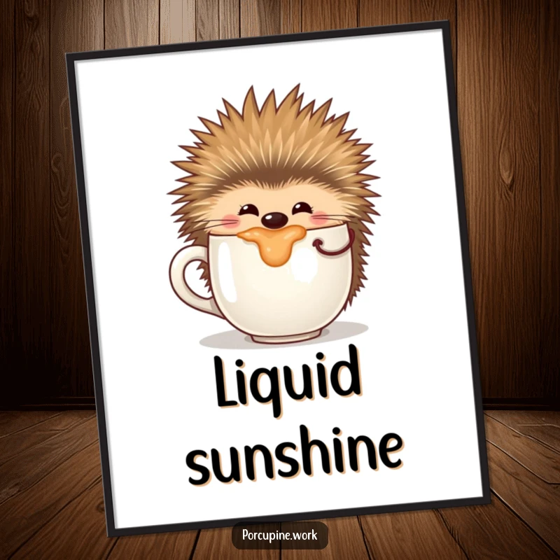 Funny poster illustration of a porcupine happily sipping from a large coffee mug, evoking morning relaxation and joy.