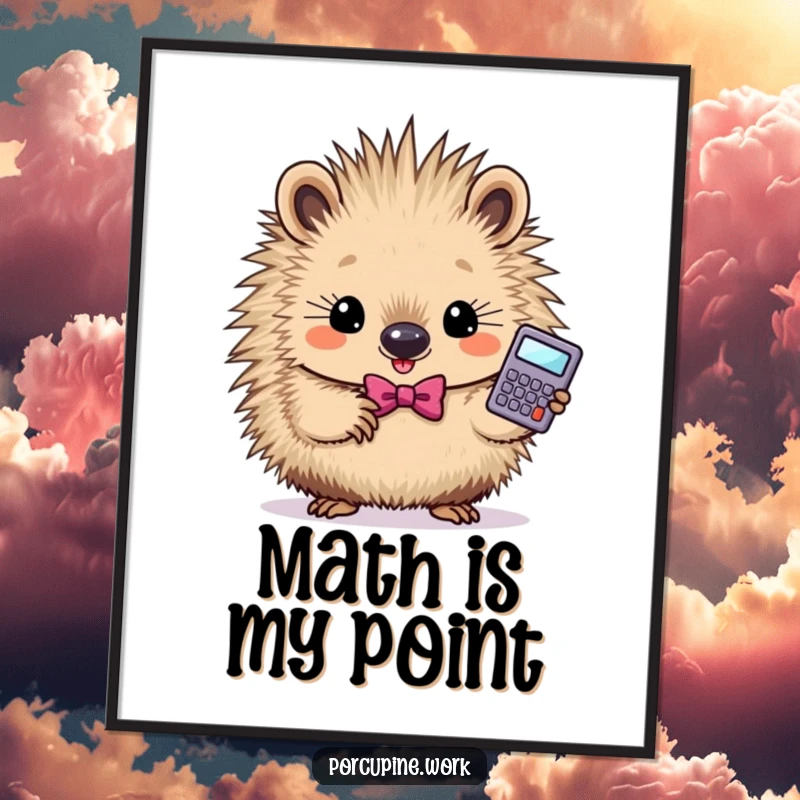 Funny smart porcupine poster depicting a determined porcupine in a bowtie holding a tiny calculator, symbolizing smarts.