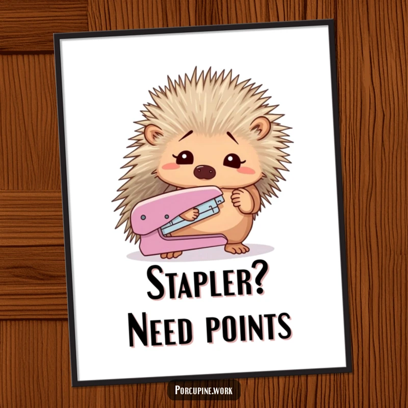 Funny porcupine looking bewildered at a stapler it holds, on this humorous and relatable poster.