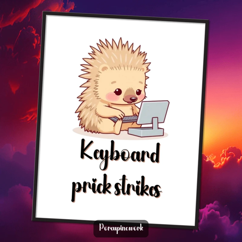 Funny porcupine attempting to type on a minuscule keyboard on this humorous and relatable poster.