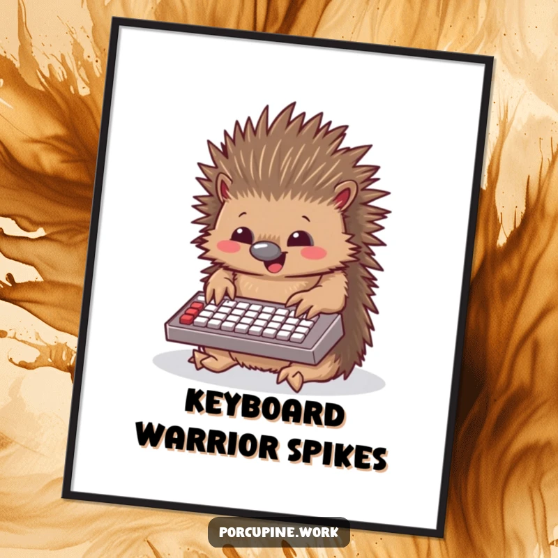 Funny porcupine typing poster showing a porcupine with intense focus, gleefully typing on a miniature keyboard, adding humor to any wall.