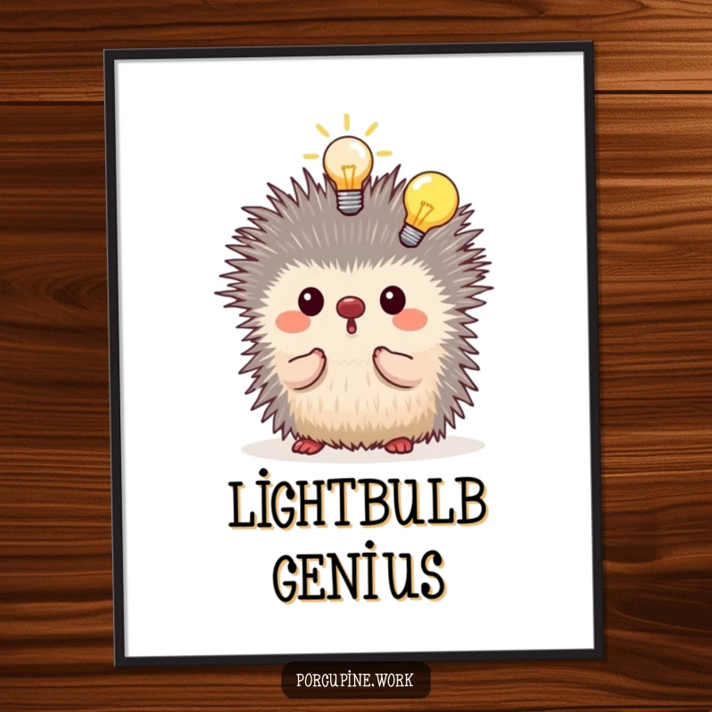 Funny porcupine having a lightbulb moment above its head, inspirational artwork for offices and studios, witty decor.