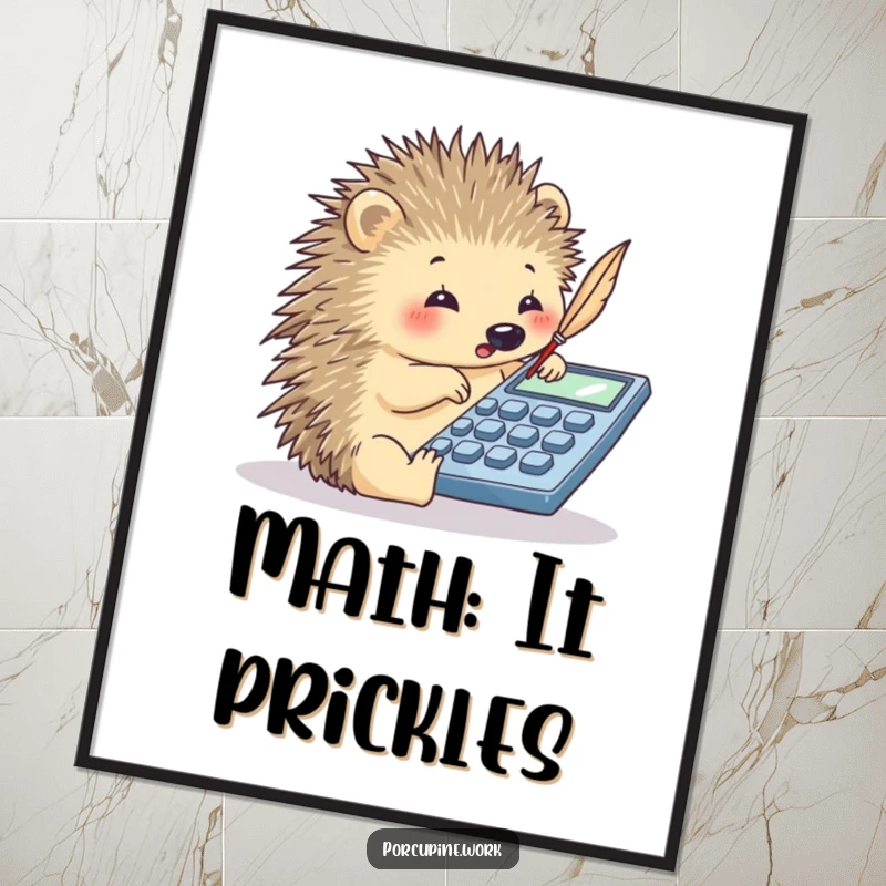 Funny porcupine using a quill to tap numbers on a calculator, whimsical wall art for math and accounting offices.
