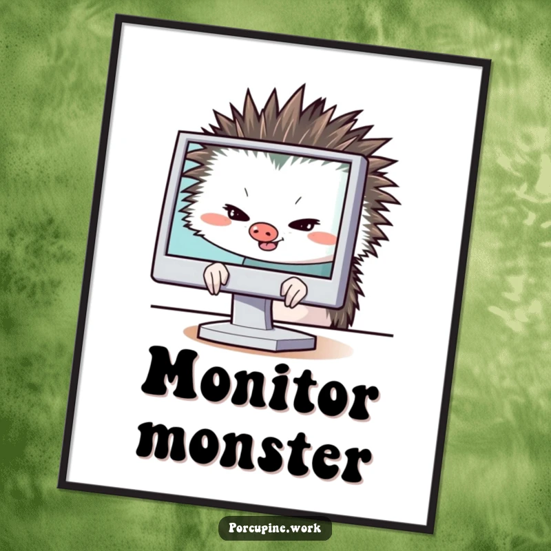 Funny porcupine hiding behind a computer monitor with a sly grin, humorous artwork for offices and bedrooms, witty decor.
