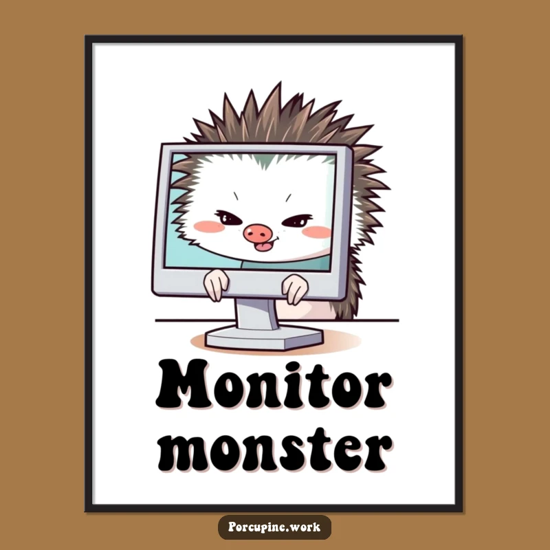 Funny Porcupine Mischief Poster: Sly Grin Behind Monitor, Hilarious Wall Art Gift