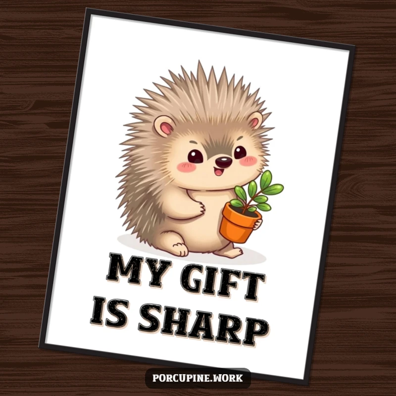 Funny Poster: A porcupine offers a miniature potted plant with a gentle smile, creating a heartwarming and humorous scene.