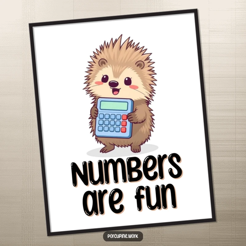 Funny porcupine triumphantly holding a tiny calculator, a humorous and inspiring piece of wall art for any room.