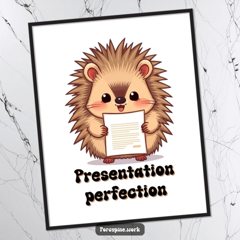 Funny porcupine enthusiastically presenting a document with pride, motivational poster for offices and homes, humorous celebration.