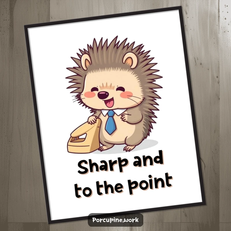 Funny porcupine wearing a tiny tie, enthusiastically using a hole punch, displayed as vibrant wall art for your office.