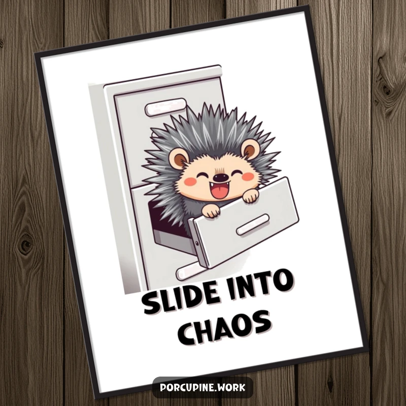 Funny poster art of a porcupine gleefully sliding down a filing cabinet, capturing a moment of office escape.