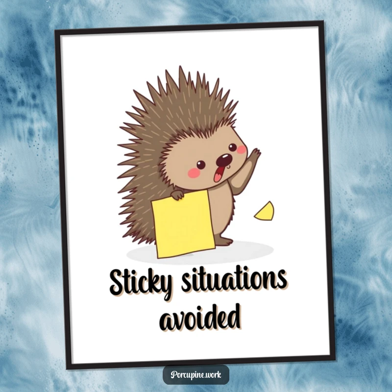 Funny poster illustrating a porcupine playfully dodging a falling sticky note, perfect for quirky wall decor.