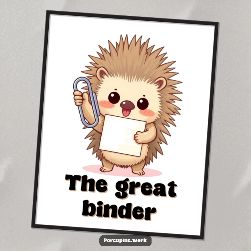 Funny porcupine triumphantly holds an oversized paperclip with a proud, beaming smile on this humorous office art poster.