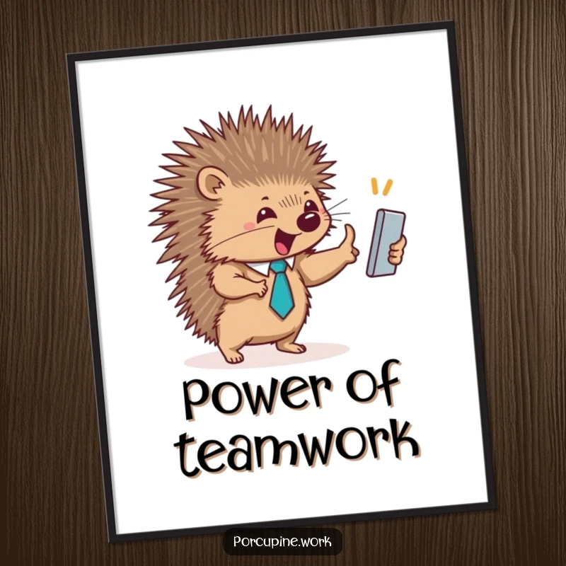 Funny poster art of a porcupine wearing a small tie giving an enthusiastic high-five, symbolizing shared success and camaraderie.