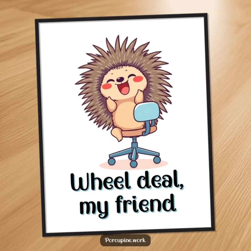 Funny poster of a porcupine gleefully riding an office chair, adding a humorous and energetic touch to any wall.