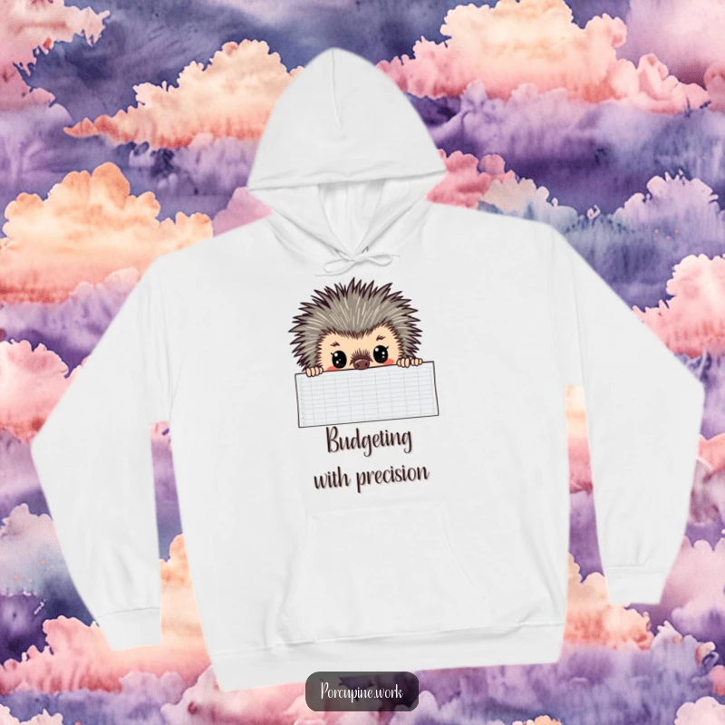Funny Hoodie showing a porcupine with wide, focused eyes peering over a large spreadsheet, symbolizing intense concentration and humor.