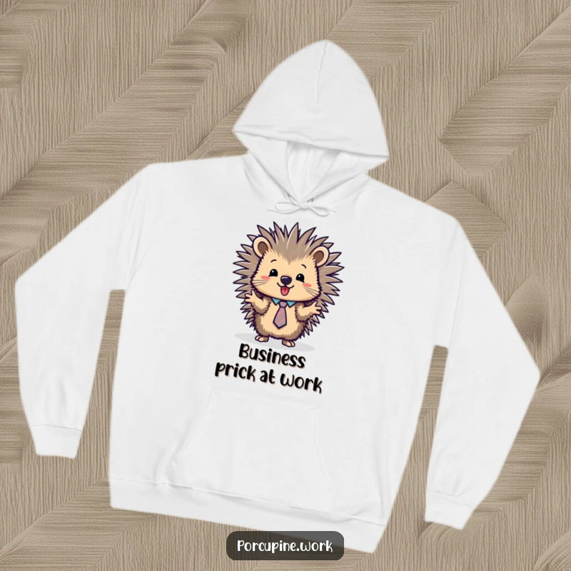 Funny porcupine dressed in a tie, confidently presenting business data on a large screen, featured on a cozy hoodie.