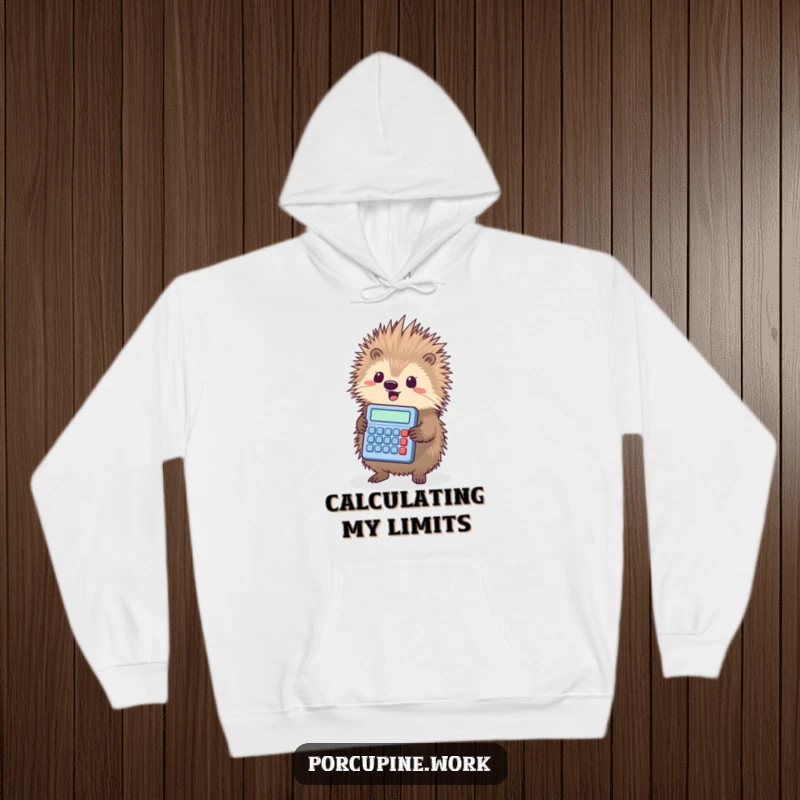 Funny porcupine triumphantly holding a tiny calculator, featured on a warm and cozy hoodie.