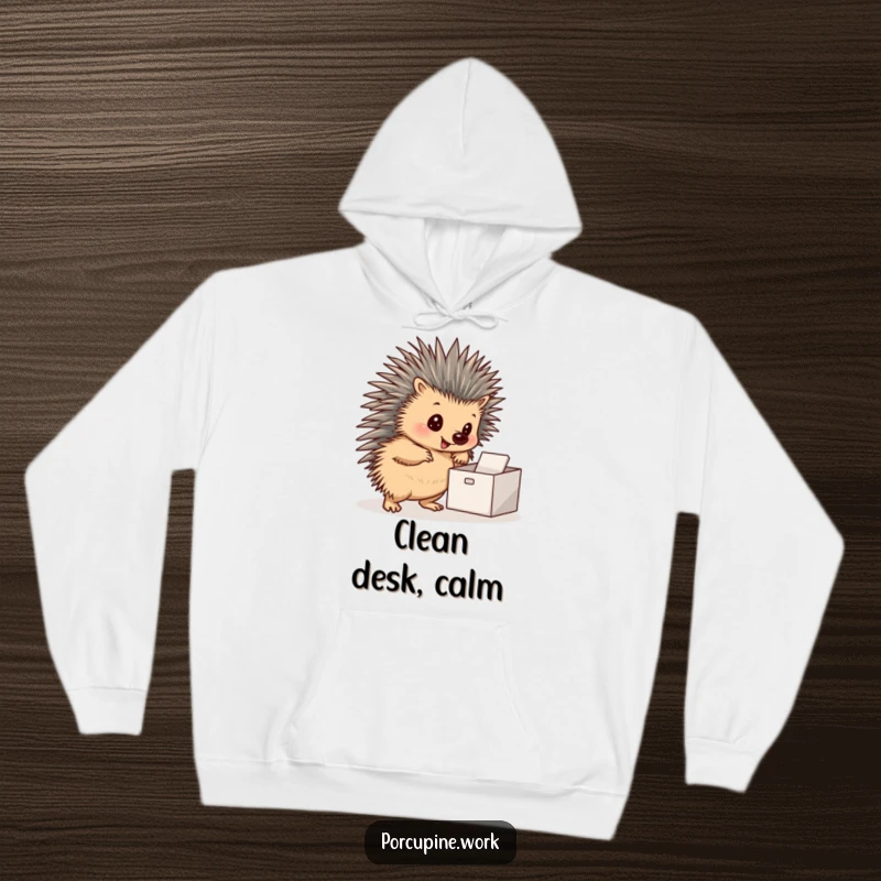 Funny hoodie featuring a porcupine posing confidently beside a neat inbox, embodying organization and humor.