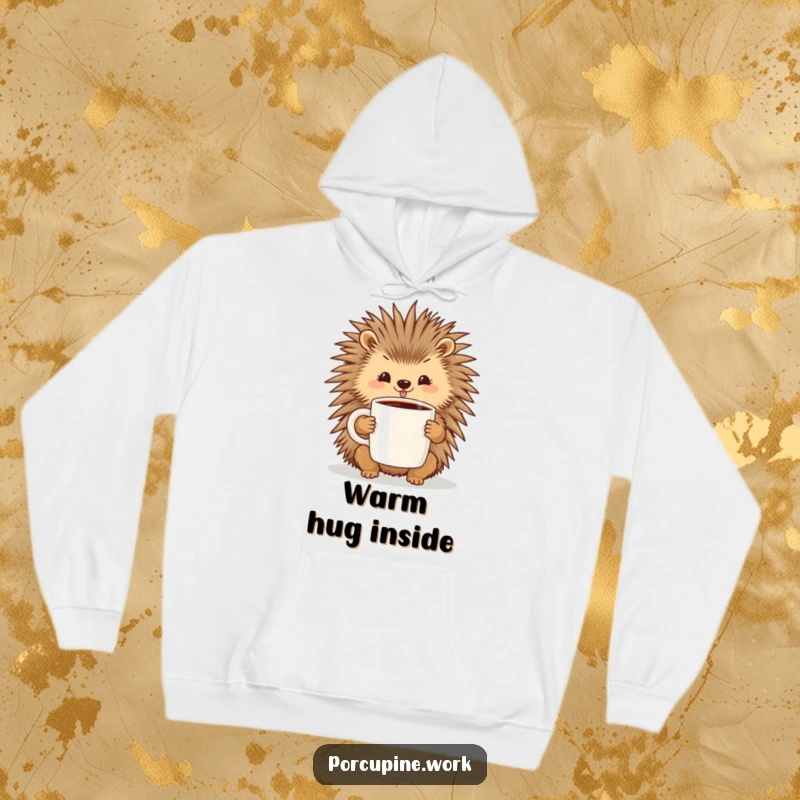 Funny hoodie with a porcupine holding a large coffee mug, radiating happiness and perfect for cozy, caffeinated moments.