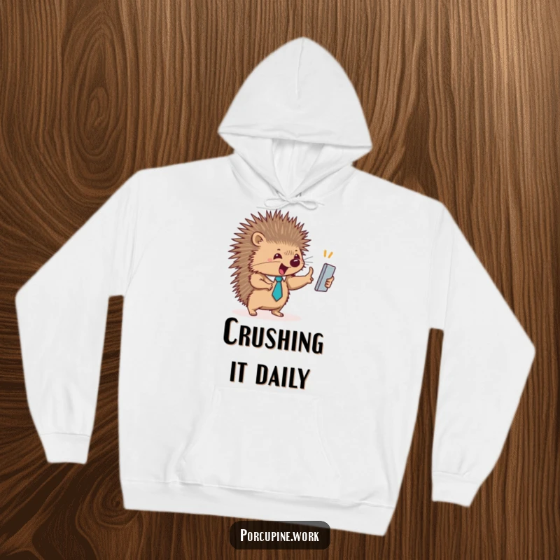 Funny hoodie showcasing a porcupine in a tiny tie enthusiastically high-fiving, perfect for celebrating wins in comfort.