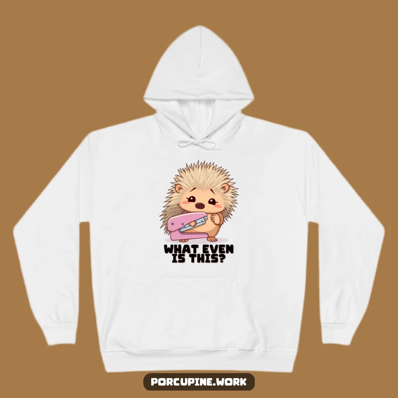 Funny Confused Porcupine Stapler Hoodie: Cozy Comfort for Office Bewilderment