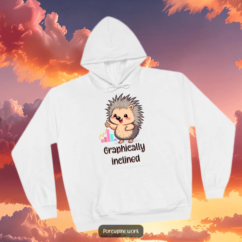 Funny hoodie depicting a porcupine enthusiastically gesturing towards a colorful graph, symbolizing business growth and analysis.