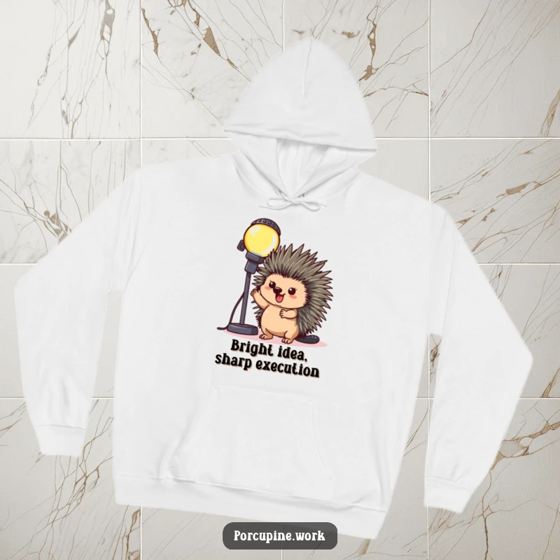 Funny Hoodie: A porcupine stands triumphantly beside a blinking office light, symbolizing achievement and humorous pride.