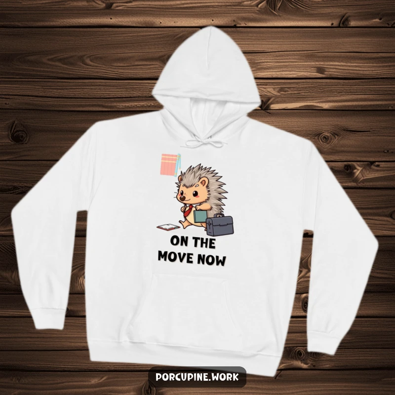 A funny porcupine with a briefcase happily scurries across a desk, symbolizing professional drive on this cozy hoodie.