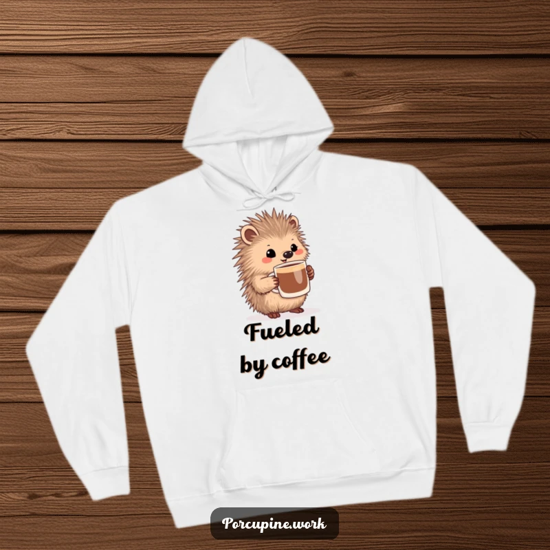Funny porcupine holding a large coffee mug with a pleased expression, featured on a warm and cozy hoodie.