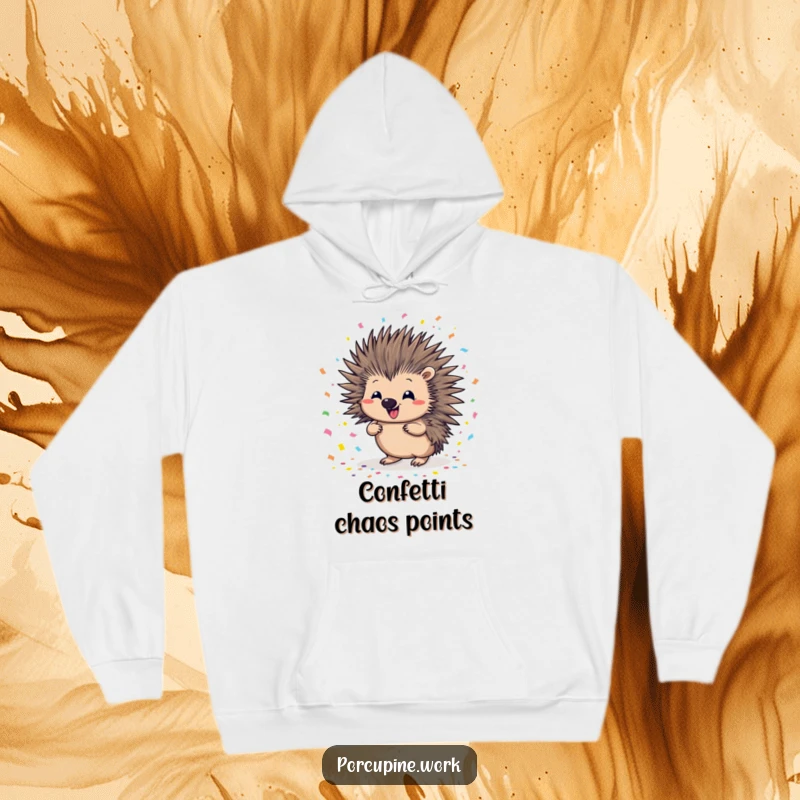 Funny porcupine hoodie depicting a porcupine with a wide, mischievous smile, joyfully scattering handfuls of colorful confetti all around.