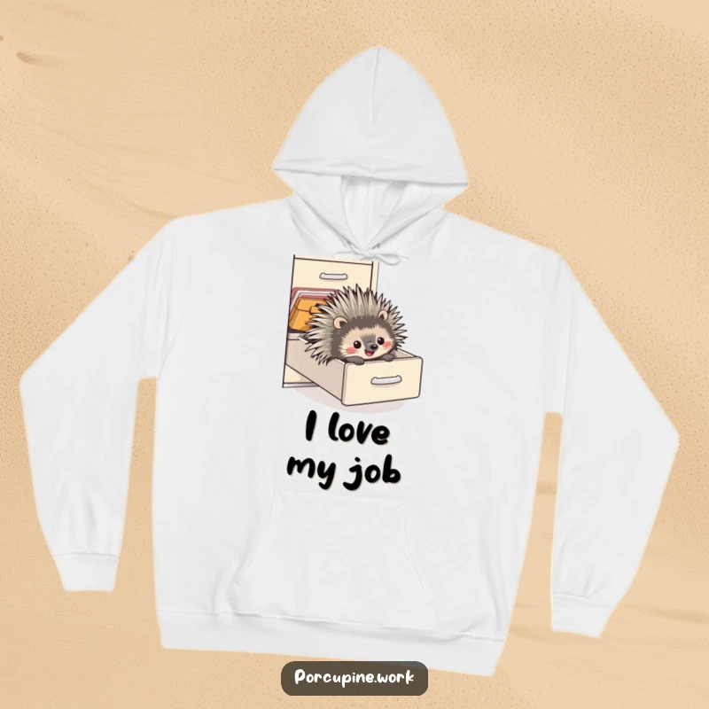 Funny hoodie showcasing a happy porcupine sliding with pure delight down an office filing cabinet drawer, perfect for cozy laughs.
