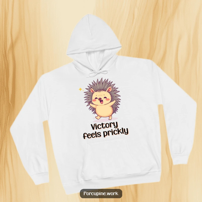 Funny hoodie depicting a porcupine doing a small, joyful hop to celebrate a minor triumph, radiating cozy happiness.