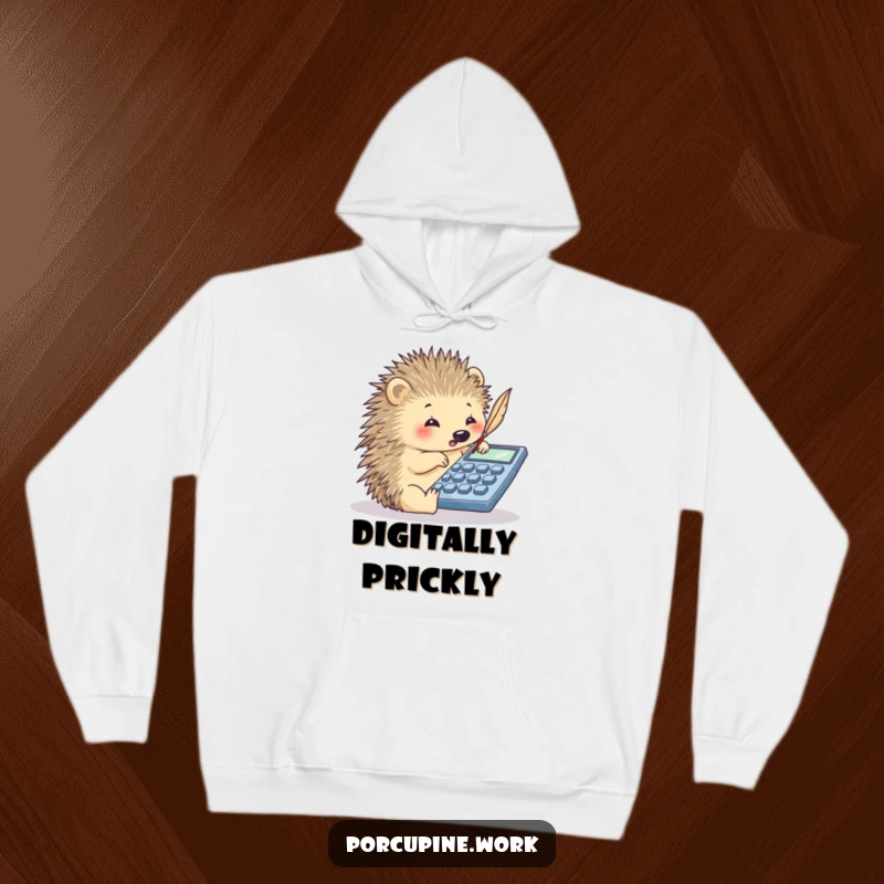 Funny porcupine tapping on a calculator with a quill, cozy and humorous hoodie for finance professionals.