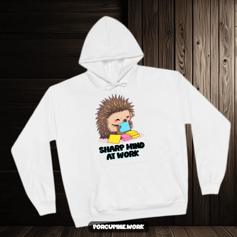 Funny Hoodie depicting a porcupine using its quills to meticulously organize a scattered collection of colorful sticky notes, embodying focused humor.