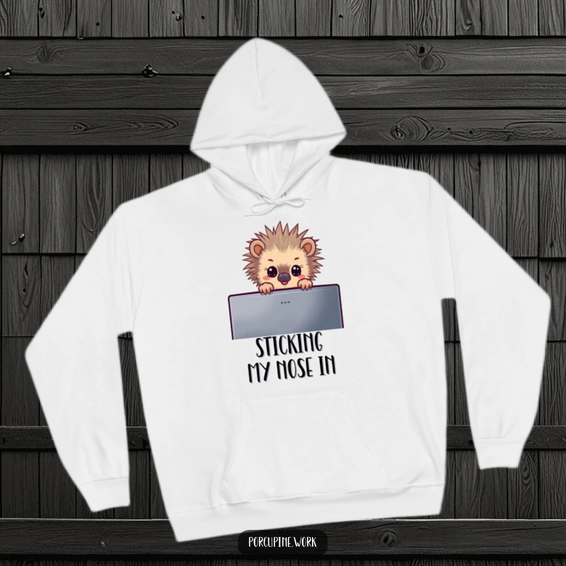 Funny hoodie depicting a porcupine's head peeking over a monitor, offering warmth and a humorous, curious vibe for screen readers.