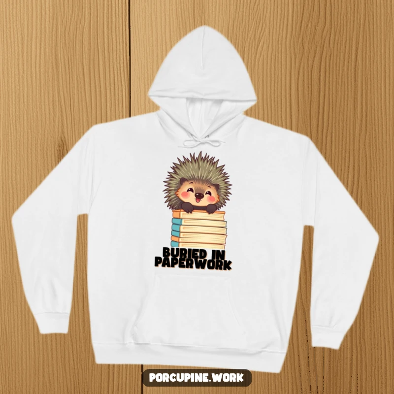 Funny porcupine peeking over a very tall stack of files with an amused expression, featured on a warm hoodie.