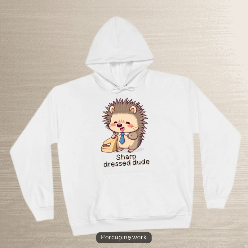 Funny porcupine wearing a tiny tie and using a hole punch with great enthusiasm, featured on a warm hoodie.
