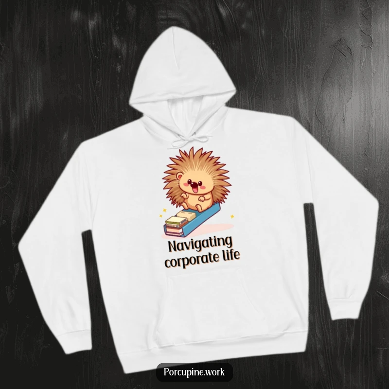 Funny hoodie showing a porcupine joyfully sliding down a ramp made of file folders, embodying office fun and stress relief.