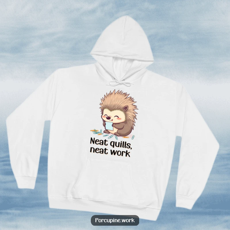 Funny porcupine hoodie depicting a porcupine looking immensely pleased while neatly organizing a pile of miniature paperclips, a true tidy enthusiast.