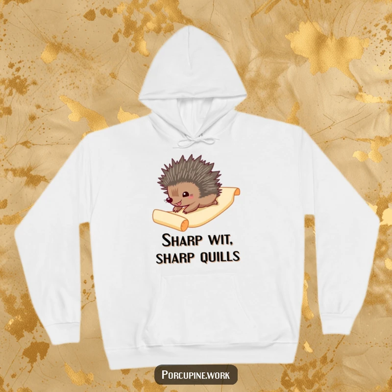 Funny Hoodie: A gleeful porcupine slides down a paper scroll with pure joy, perfect for cozy humor.