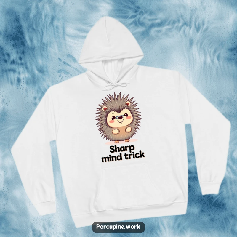 Funny hoodie showing a porcupine with a cheerful grin balancing a paperclip on its nose, symbolizing focus and lightheartedness.