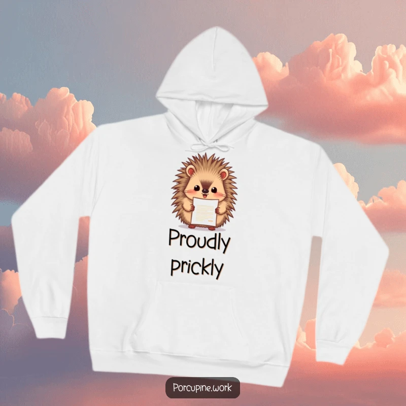 Funny porcupine enthusiastically presenting a document with pride, warm hoodie design, celebrating achievement with humor.